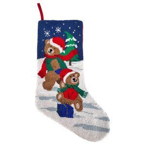 Needlepoint Christmas Stocking Teddy Bears With Presents 20 Inch Red Velvet Back